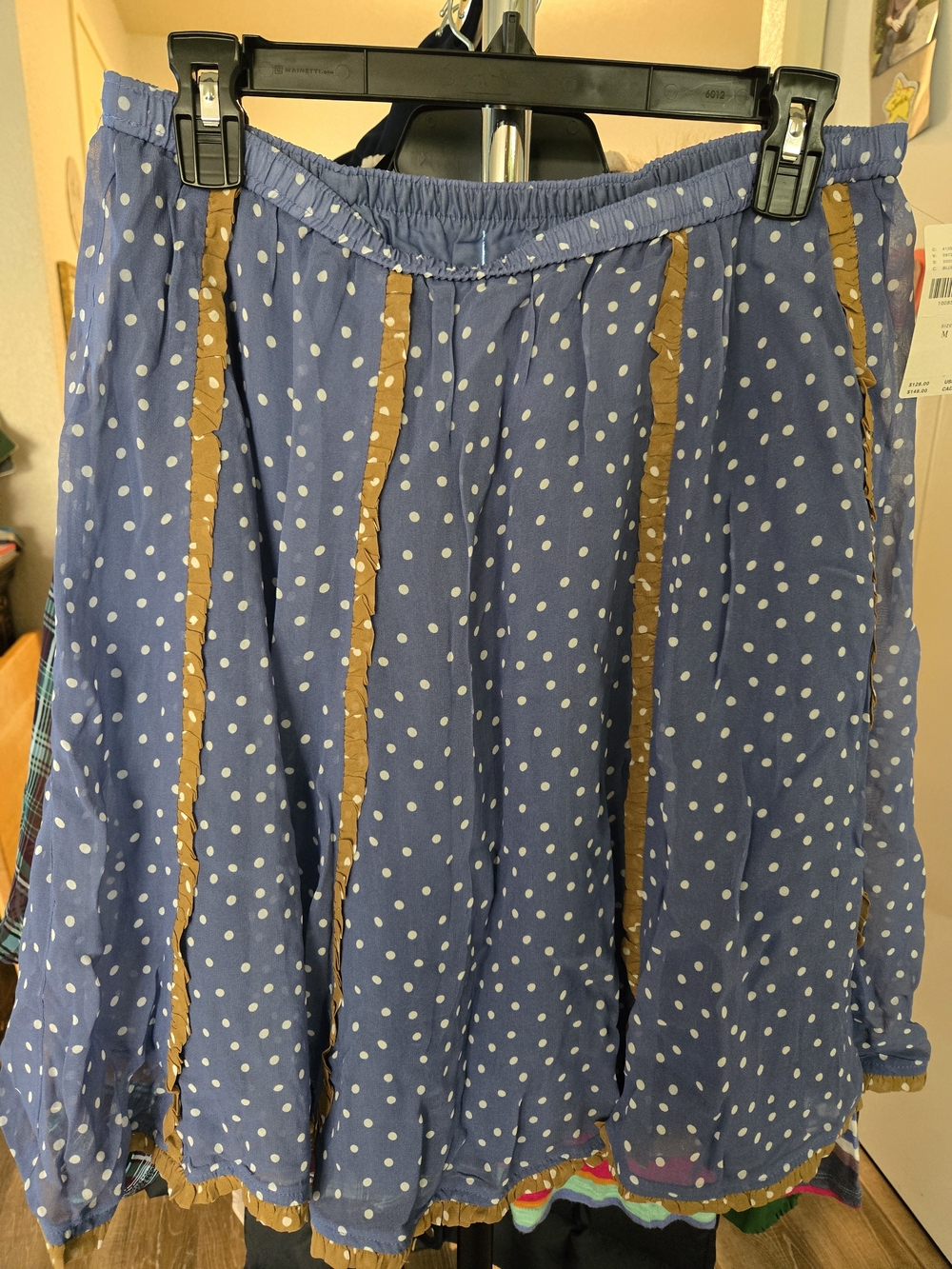 Maeve Chiffon Blue Polka Dot A-Line Skirt with Tan Trim